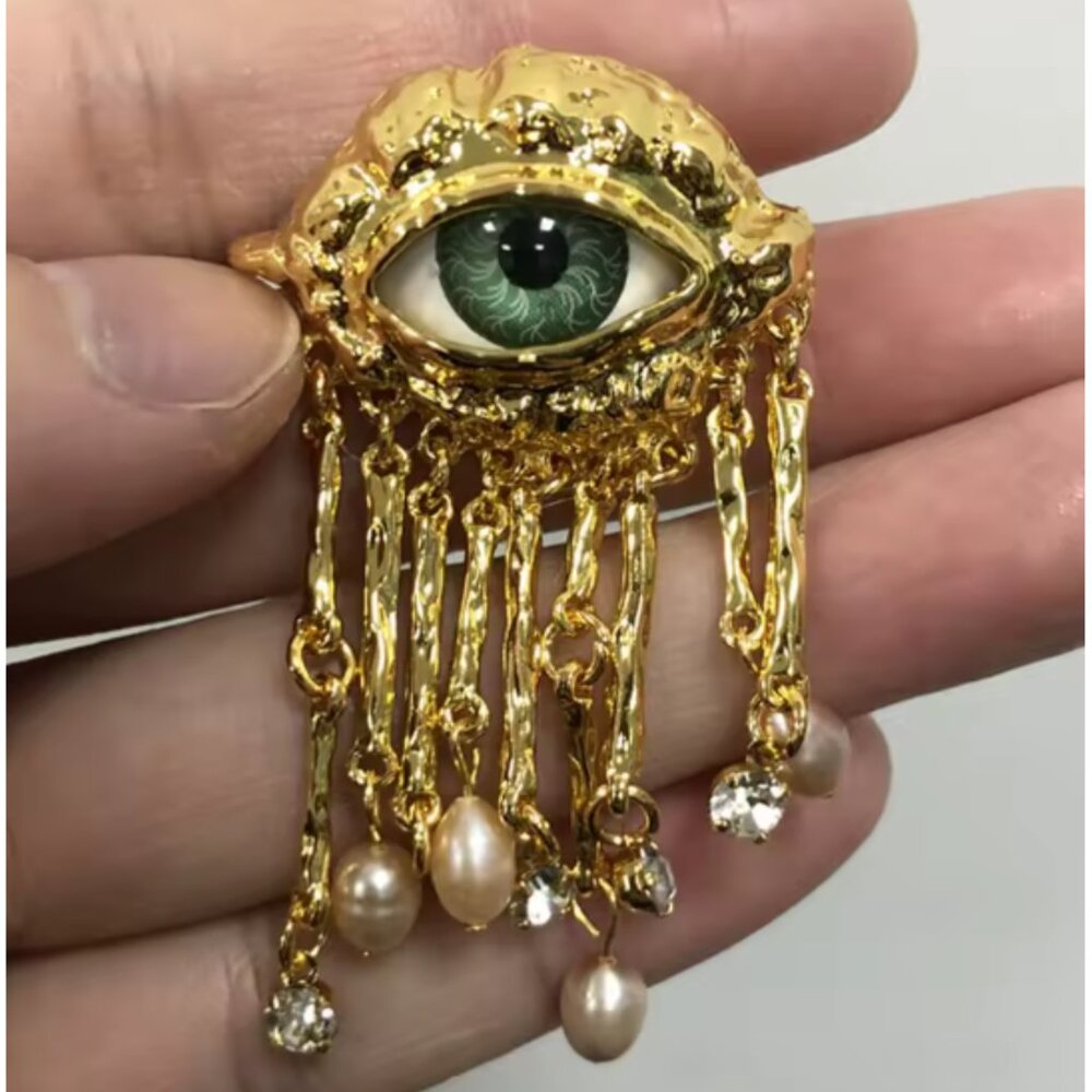 Schiaparelli Inspired Surrealist Evil Eye Brooch Pearl Tassel - NEW